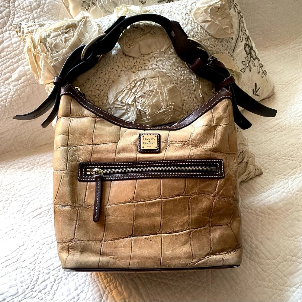 Dooney & Bourke Vintage Tan Brown Crocodile Embossed Hobo Shoulder Bag Purse